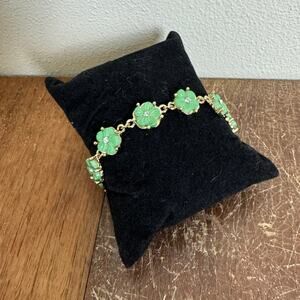 Artisan Made Gold Tone Jadeite Color Floral Flower Rhinestone‎ Detail Bracelet